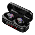 V7 LED version wireless Bluetooth TWS earphones with charging case and three ear tip sizes.