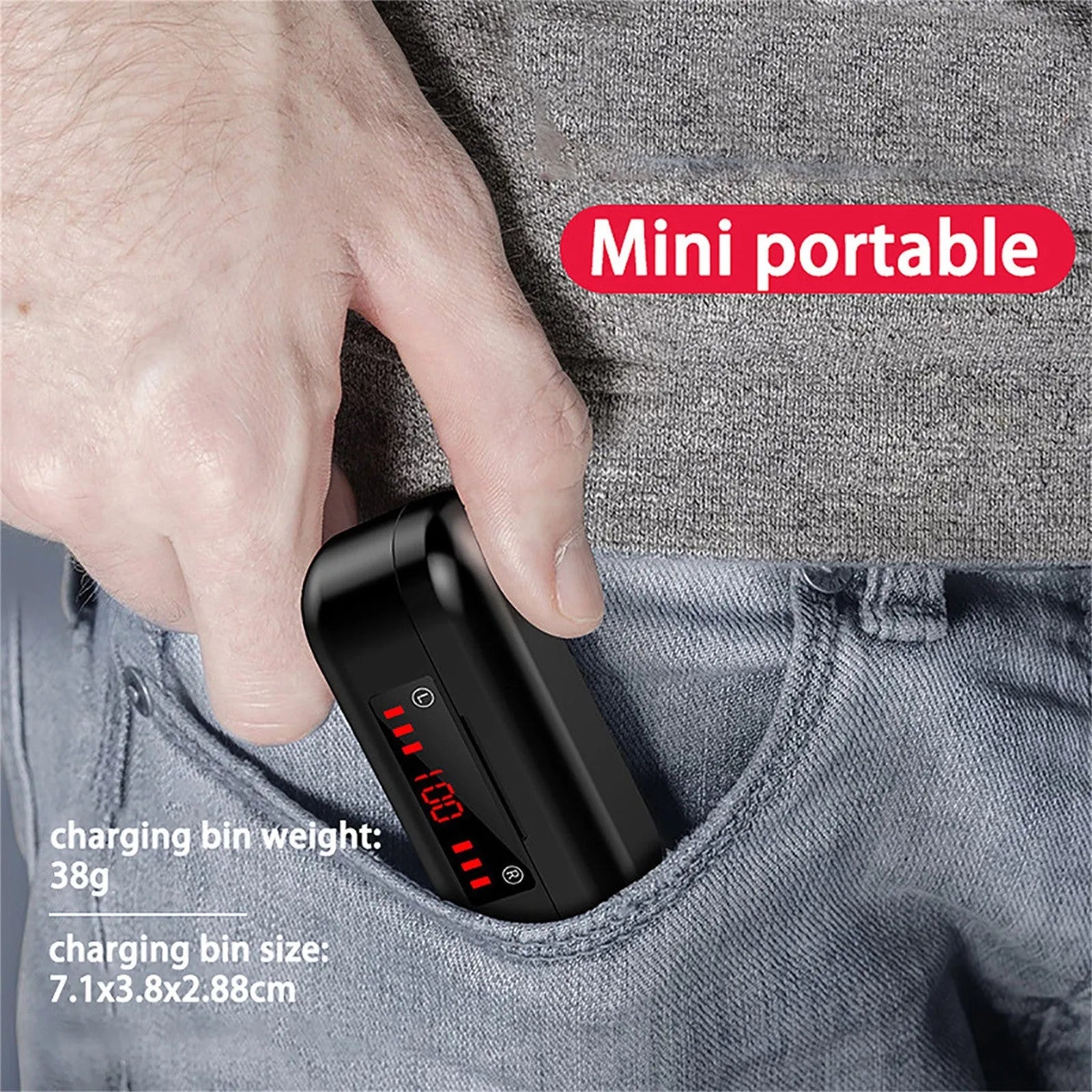 V7 LED version wireless Bluetooth TWS earphones with charging case and three ear tip sizes.