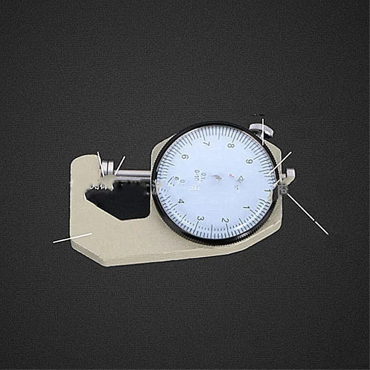 A thickness gauge for measuring steel tubes, film, and cloth materials with 0-10mm or 0-20mm range.