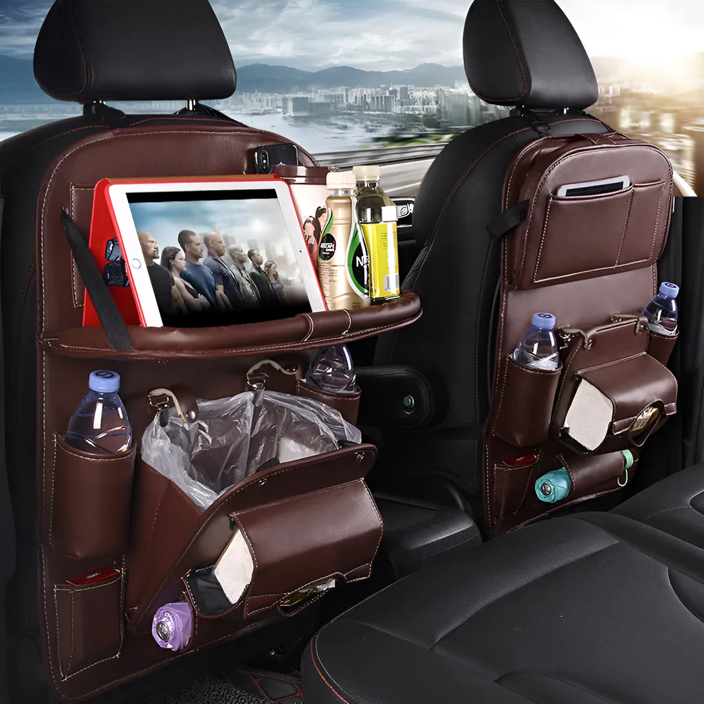 PU leather car storage hanging bag with multiple pockets attached to car seat