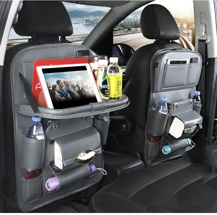 PU leather car storage hanging bag with multiple pockets attached to car seat