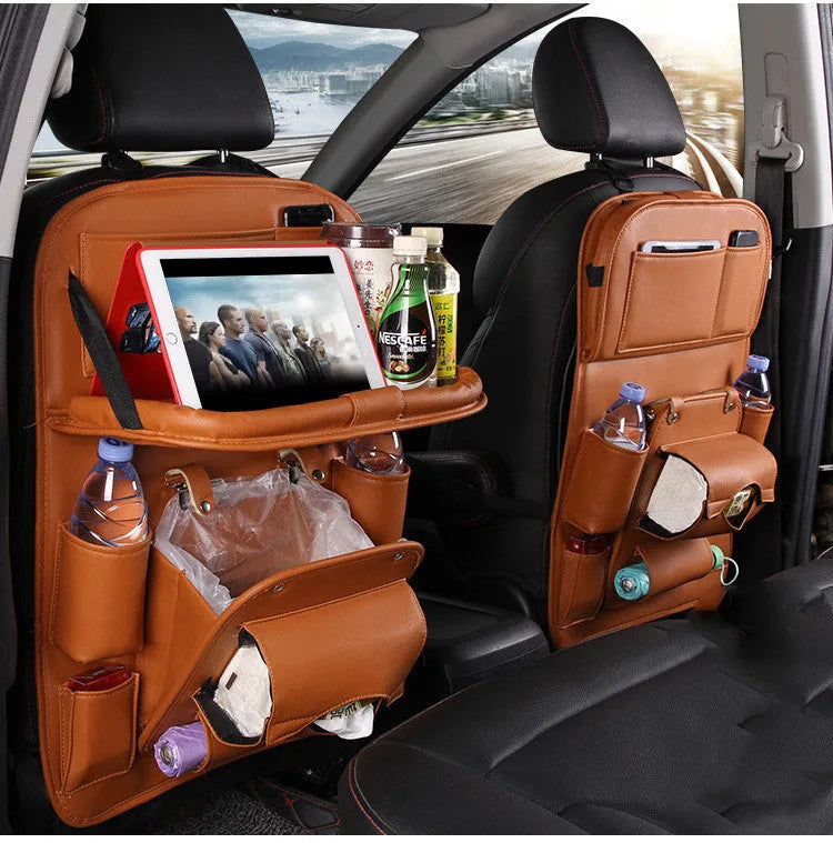 PU leather car storage hanging bag with multiple pockets attached to car seat