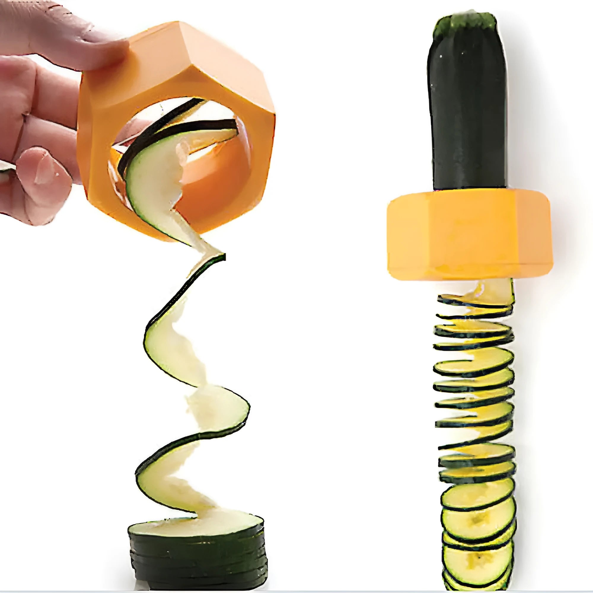 Yellow and green spiral vegetable cutter kitchen tool made from food-grade plastic.