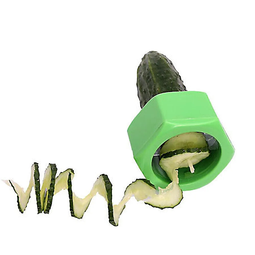 Yellow and green spiral vegetable cutter kitchen tool made from food-grade plastic.