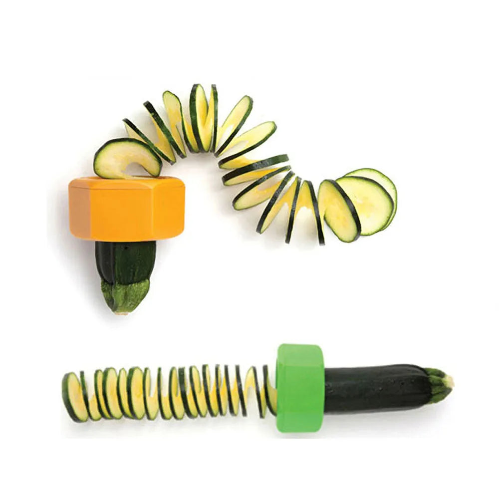 Yellow and green spiral vegetable cutter kitchen tool made from food-grade plastic.
