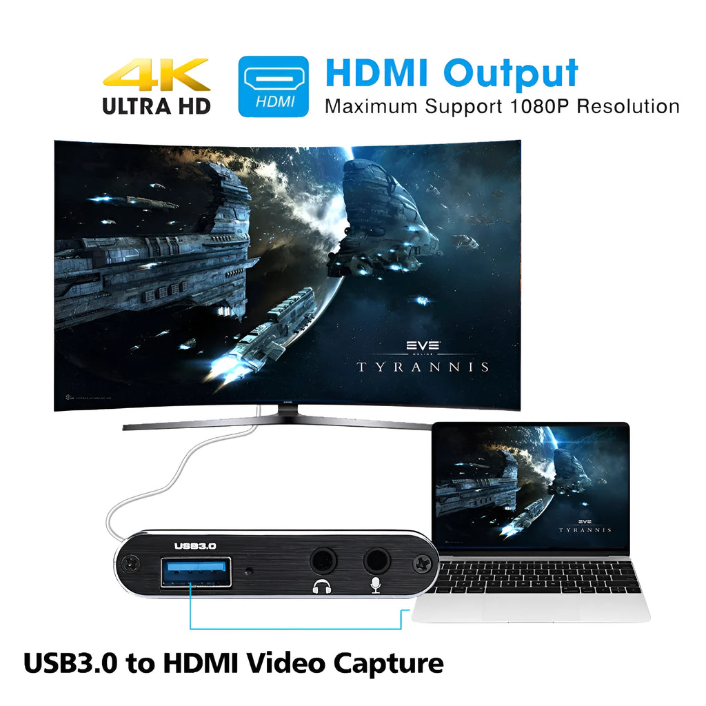 Black HDMI video capture card with USB 3.0 interface for 4K screen recording and 1080p 60fps game capture