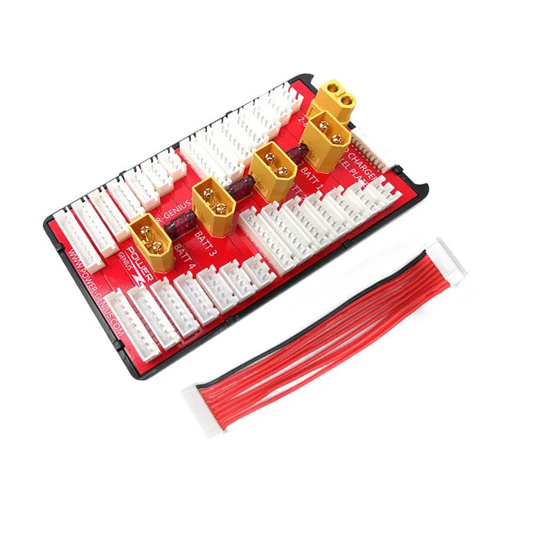 Red RC parallel charging adapter board with four battery ports, safety fuses, and gold connectors.
