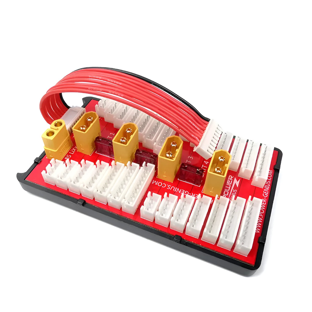 Red RC parallel charging adapter board with four battery ports, safety fuses, and gold connectors.