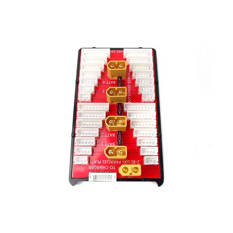 Red RC parallel charging adapter board with four battery ports, safety fuses, and gold connectors.