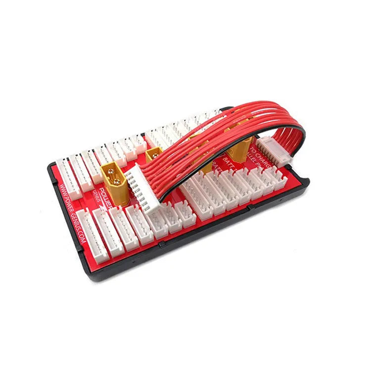 Red RC parallel charging adapter board with four battery ports, safety fuses, and gold connectors.