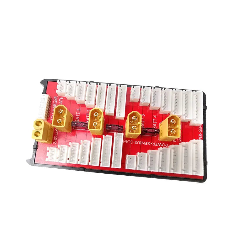 Red RC parallel charging adapter board with four battery ports, safety fuses, and gold connectors.