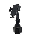 Black 360-degree rotating adjustable car phone holder with quick-release buckle and foam padding.