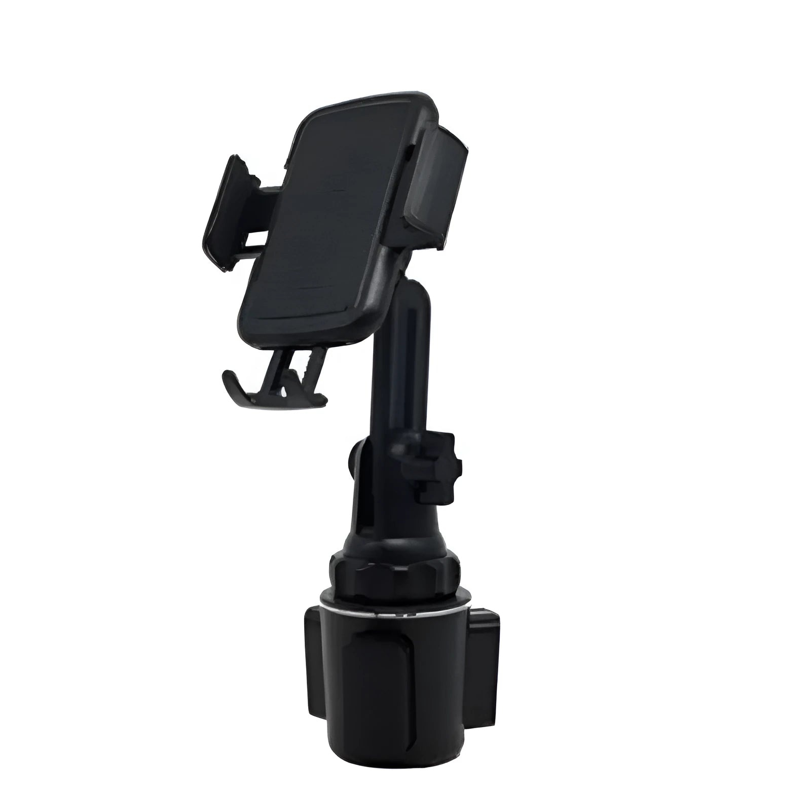 Black 360-degree rotating adjustable car phone holder with quick-release buckle and foam padding.