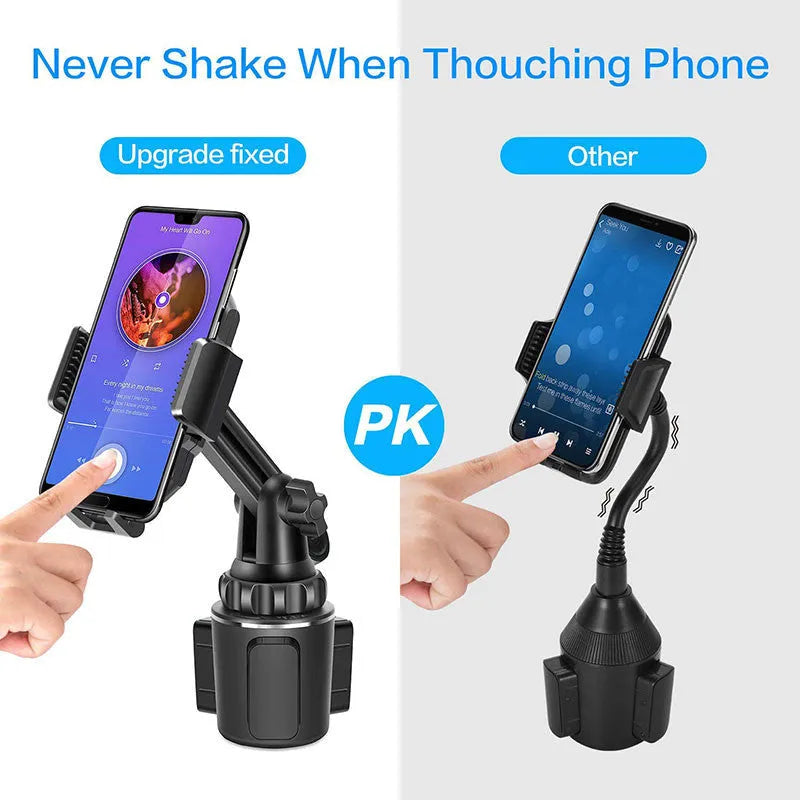 Black 360-degree rotating adjustable car phone holder with quick-release buckle and foam padding.