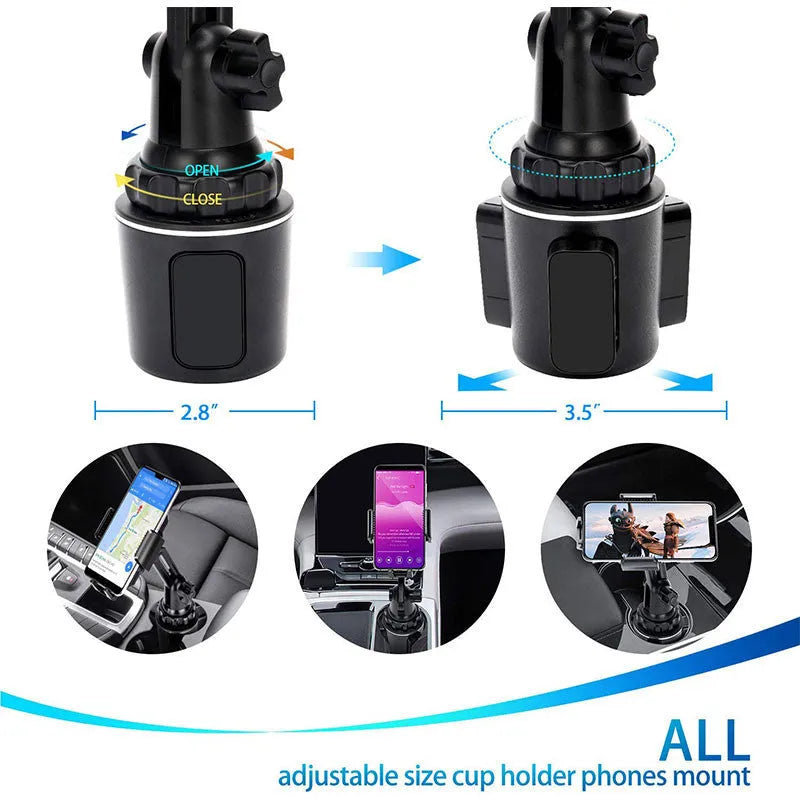 Black 360-degree rotating adjustable car phone holder with quick-release buckle and foam padding.