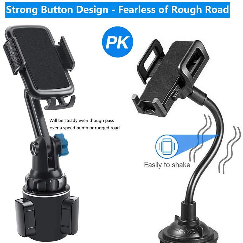 Black 360-degree rotating adjustable car phone holder with quick-release buckle and foam padding.