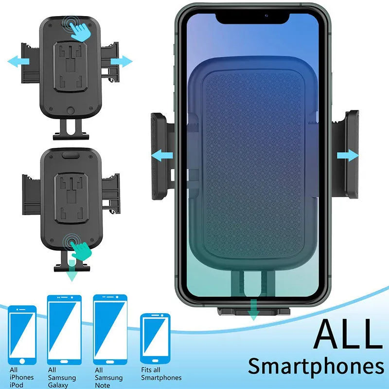 Black 360-degree rotating adjustable car phone holder with quick-release buckle and foam padding.
