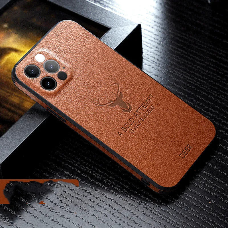 Square frame iPhone case with leather texture in multiple colours showing camera protection design