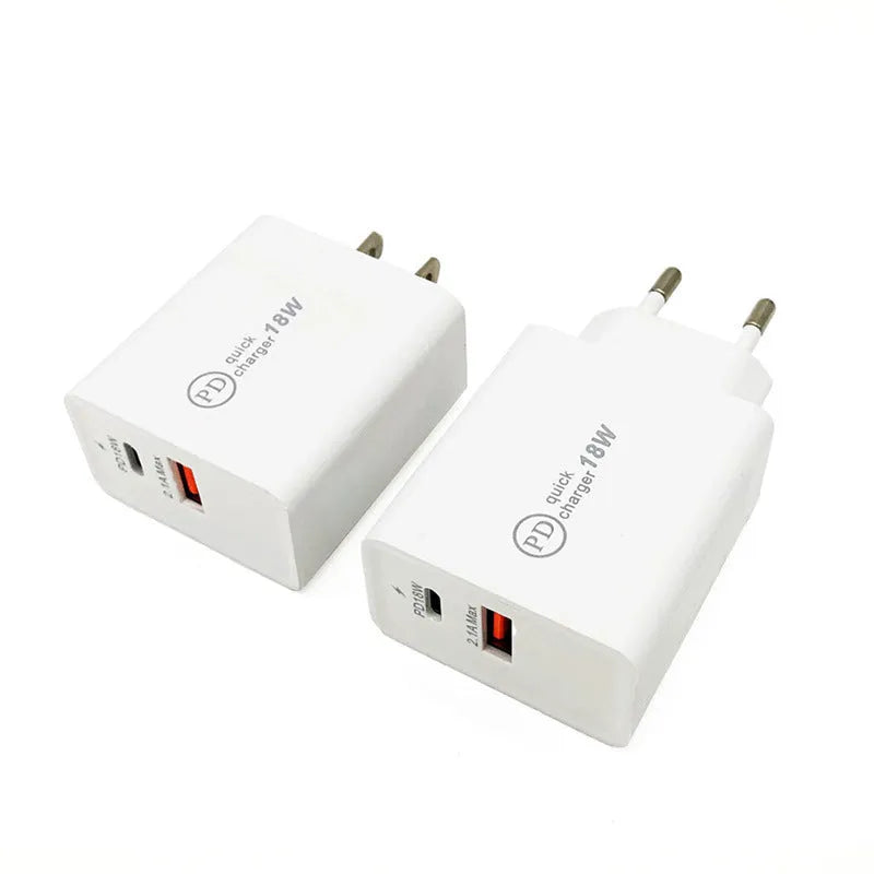 Black and white 18W USB-C Power Delivery fast wall chargers with US and EU plugs.