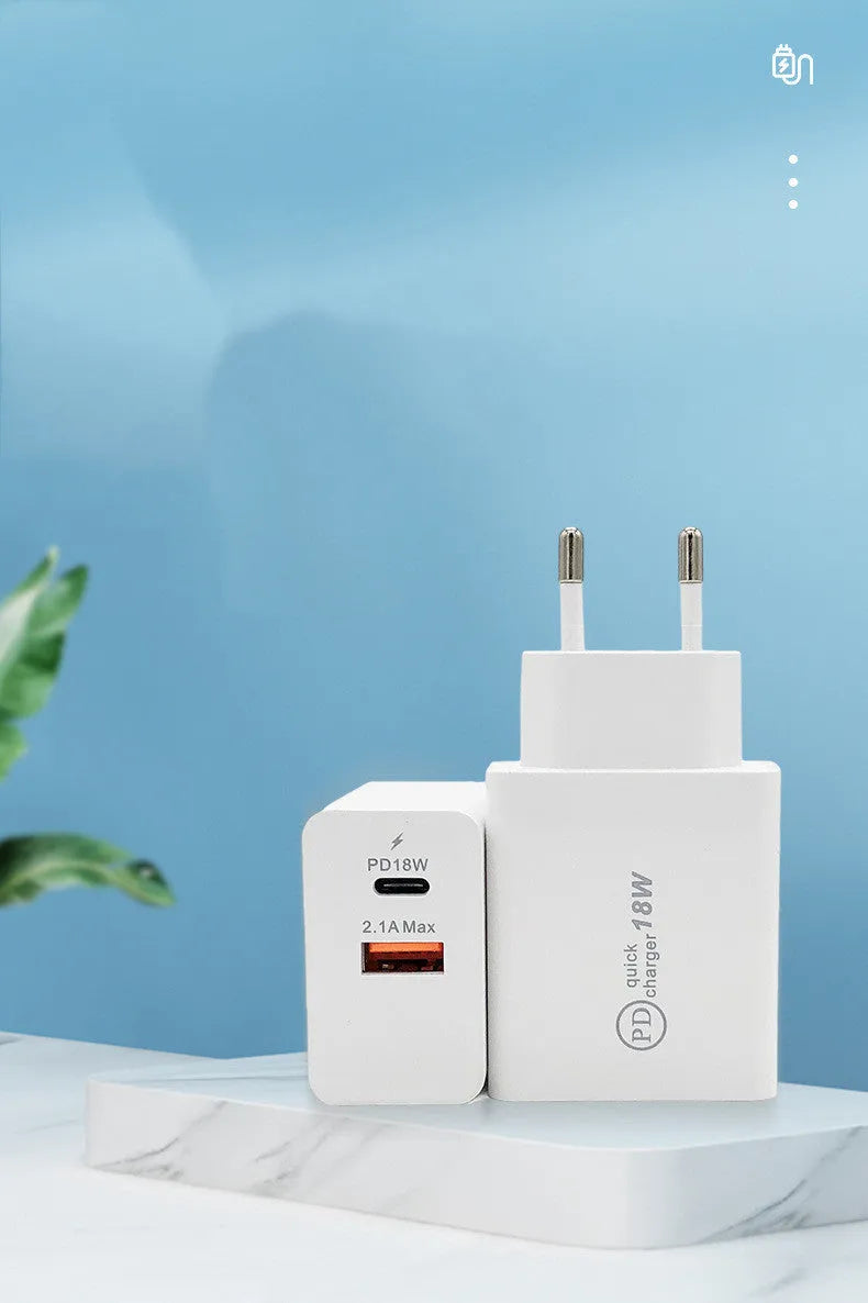 Black and white 18W USB-C Power Delivery fast wall chargers with US and EU plugs.