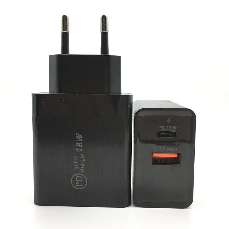 Black and white 18W USB-C Power Delivery fast wall chargers with US and EU plugs.