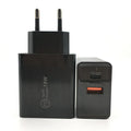 Black and white 18W USB-C Power Delivery fast wall chargers with US and EU plugs.