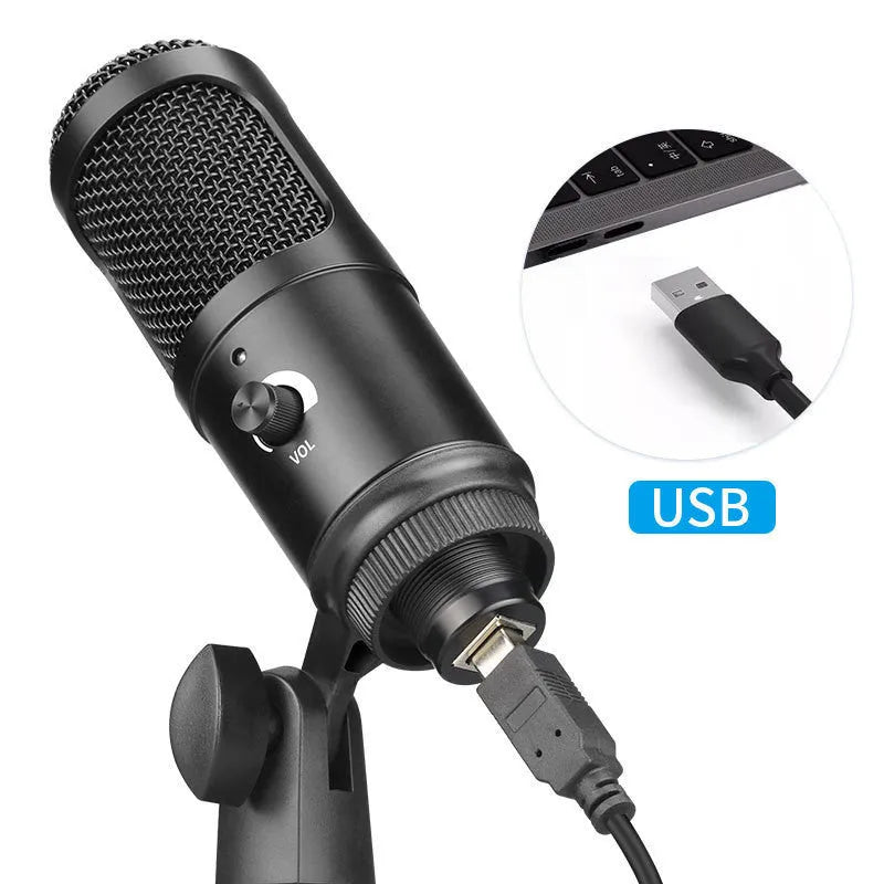Black wireless USB condenser microphone with included bracket for computer streaming and recording
