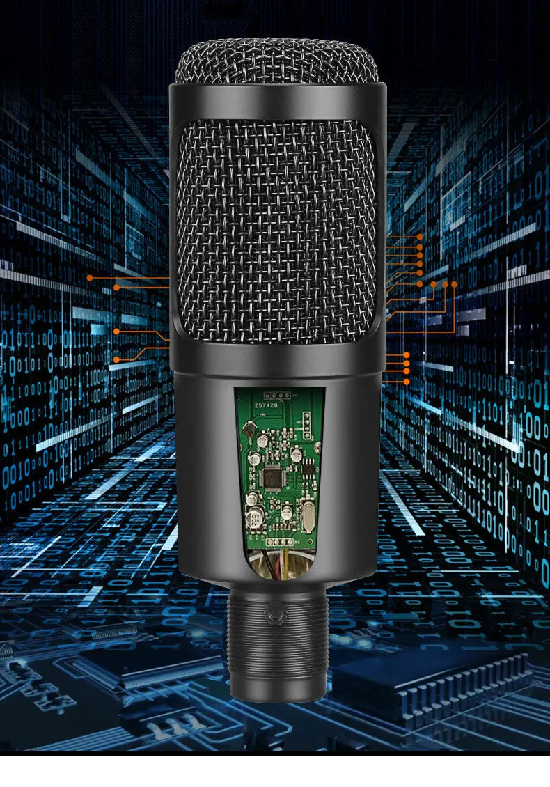 Black wireless USB condenser microphone with included bracket for computer streaming and recording