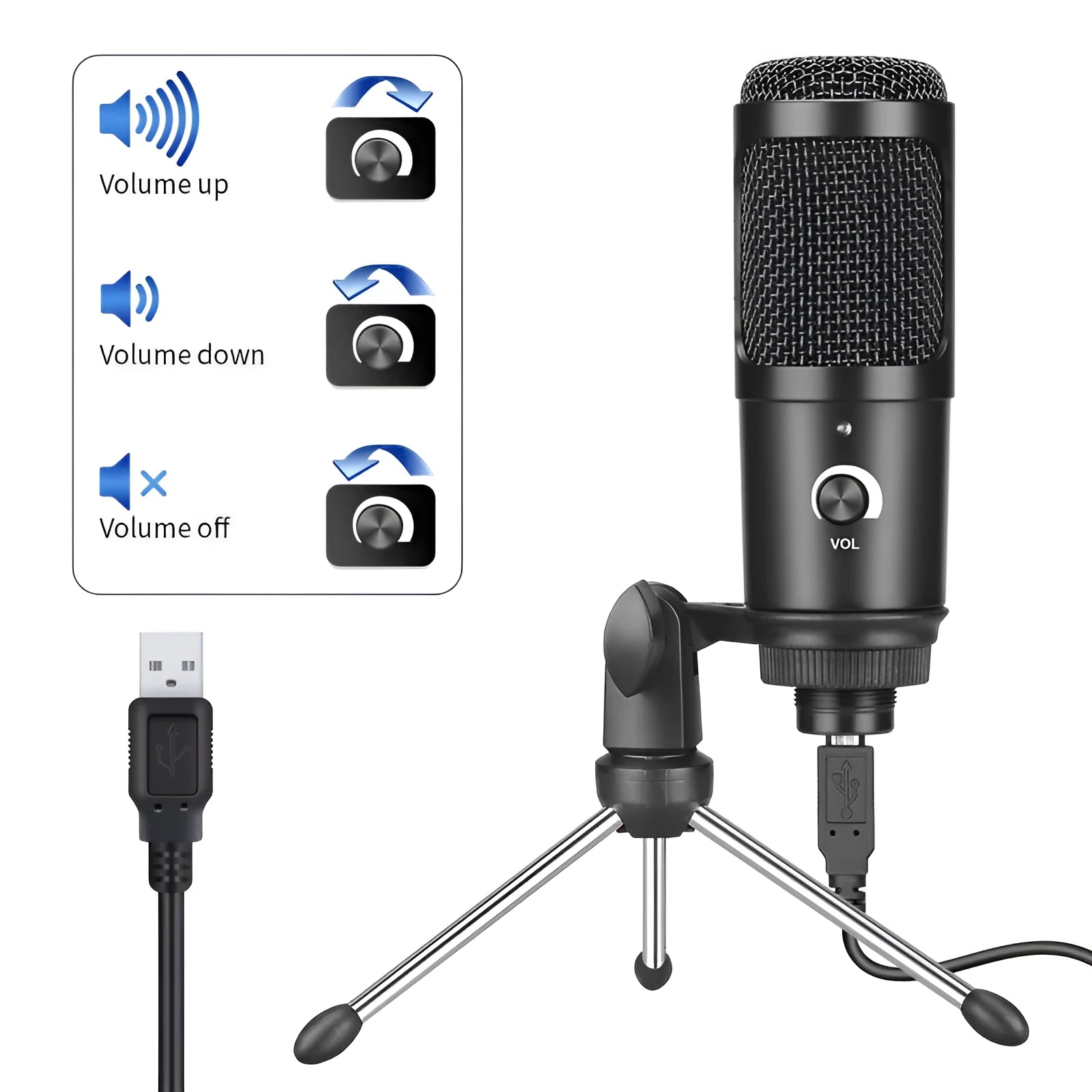 Black wireless USB condenser microphone with included bracket for computer streaming and recording