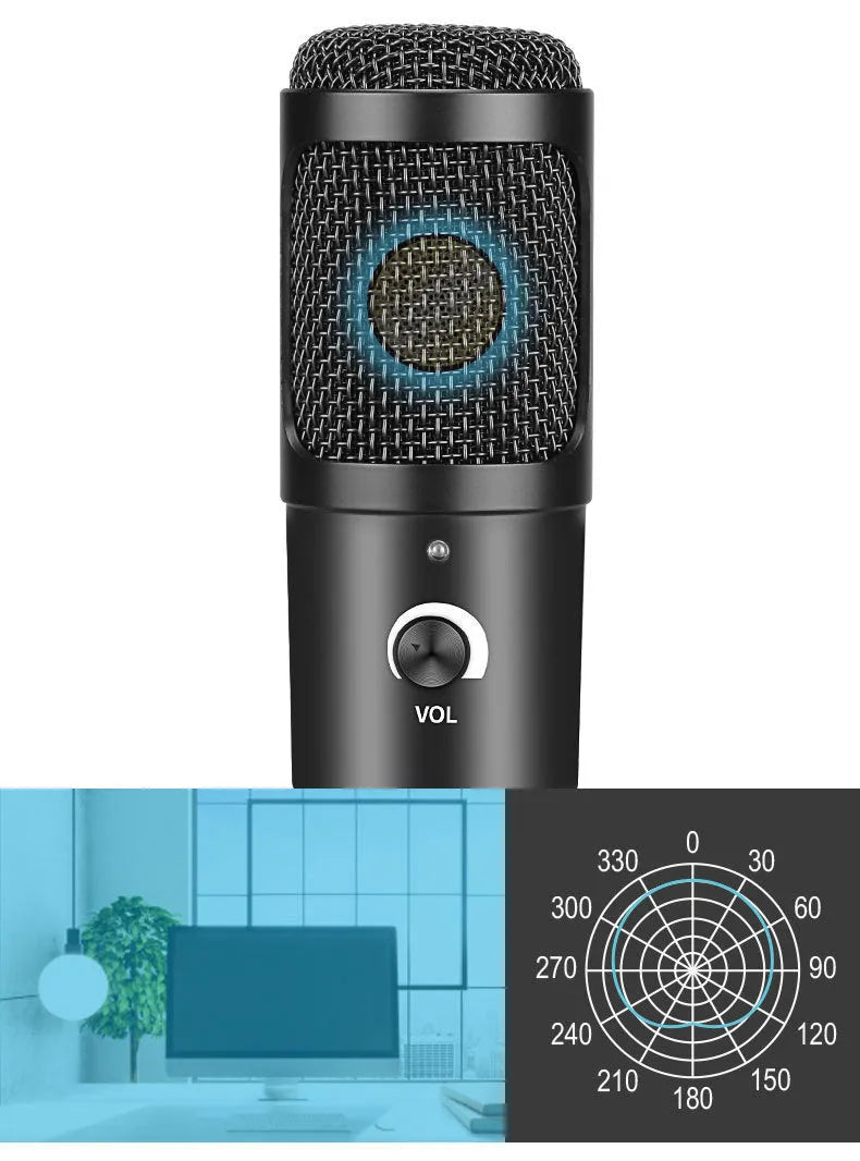 Black wireless USB condenser microphone with included bracket for computer streaming and recording