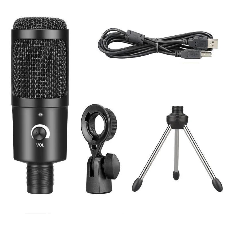 Black wireless USB condenser microphone with included bracket for computer streaming and recording