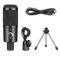 Black wireless USB condenser microphone with included bracket for computer streaming and recording