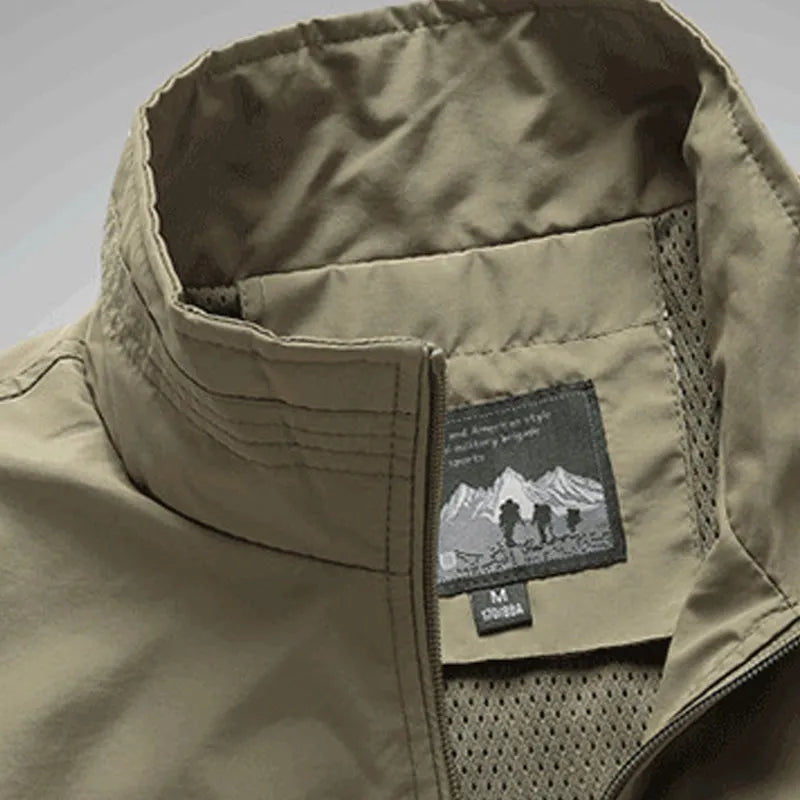 Men's cotton blend nylon outdoor leisure vest in army green with stand-up collar and zipper