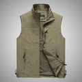 Men's cotton blend nylon outdoor leisure vest in army green with stand-up collar and zipper