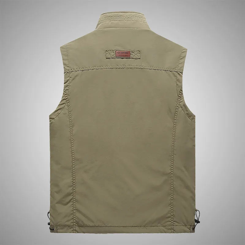 Men's cotton blend nylon outdoor leisure vest in army green with stand-up collar and zipper