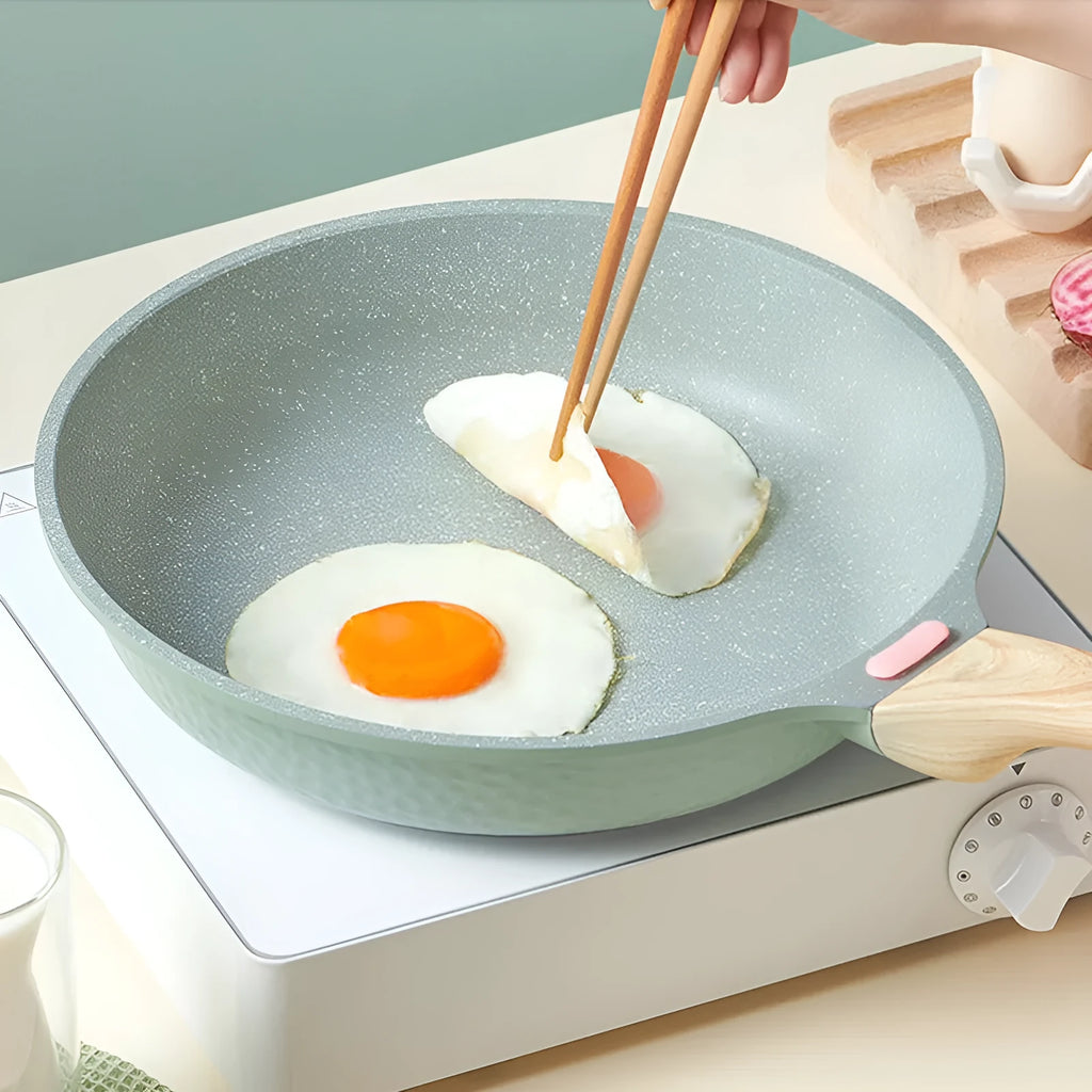 Korean style Macadamite non-stick frying pan in ashes or green colour options