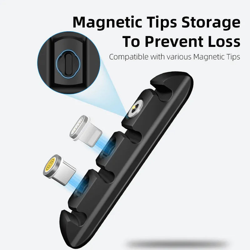 Black magnetic desktop charging cable organiser with soft plastic construction for cable storage