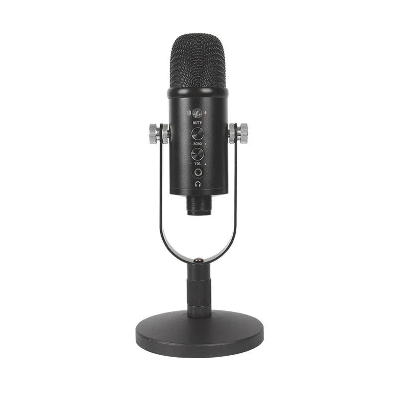 Black JIY condenser microphone on a metal stand with USB cable and sponge cover.