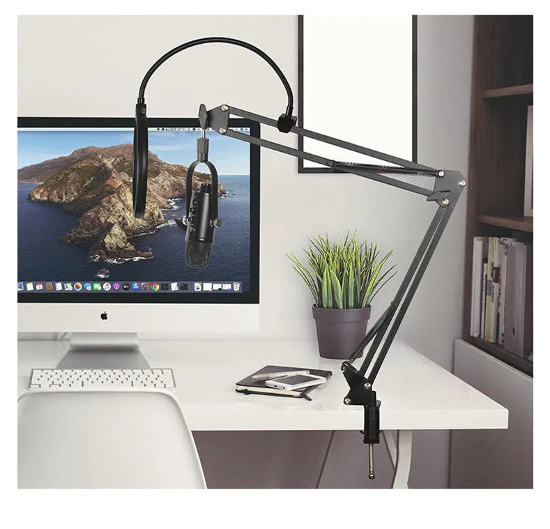 Black JIY condenser microphone on a metal stand with USB cable and sponge cover.