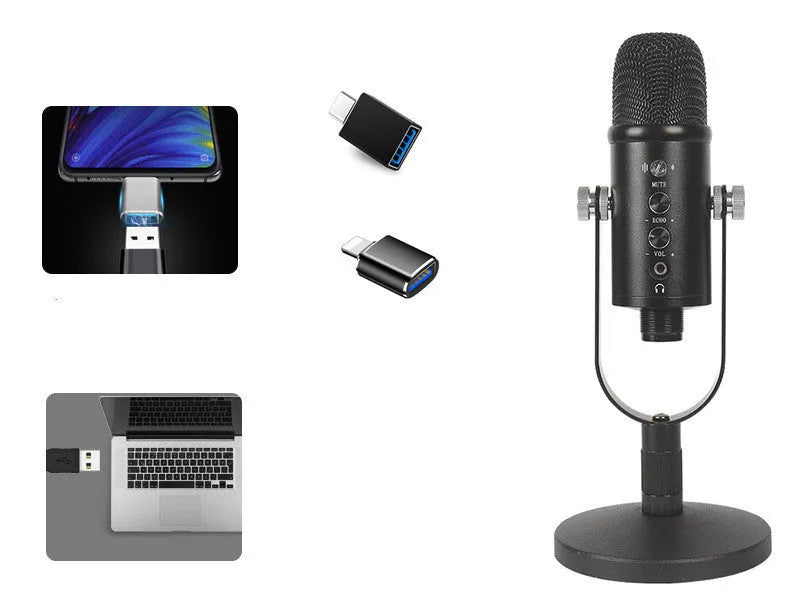 Black JIY condenser microphone on a metal stand with USB cable and sponge cover.