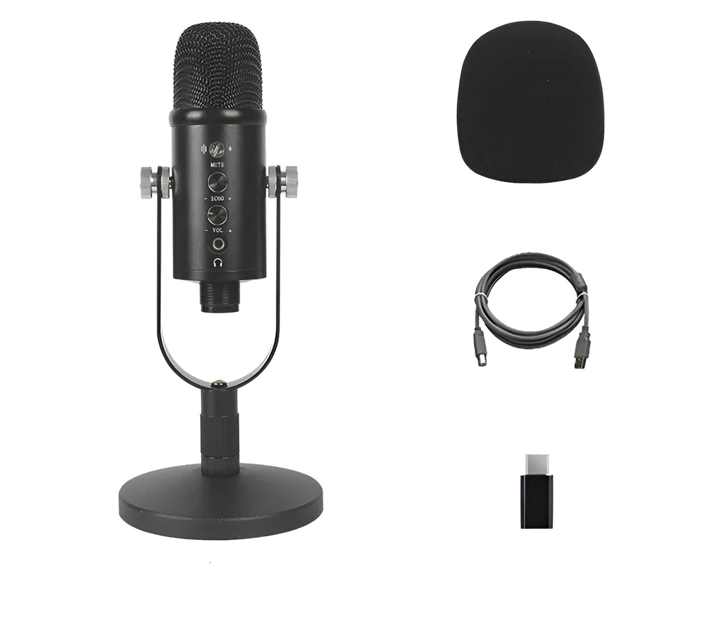 Black JIY condenser microphone on a metal stand with USB cable and sponge cover.