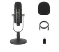 Black JIY condenser microphone on a metal stand with USB cable and sponge cover.