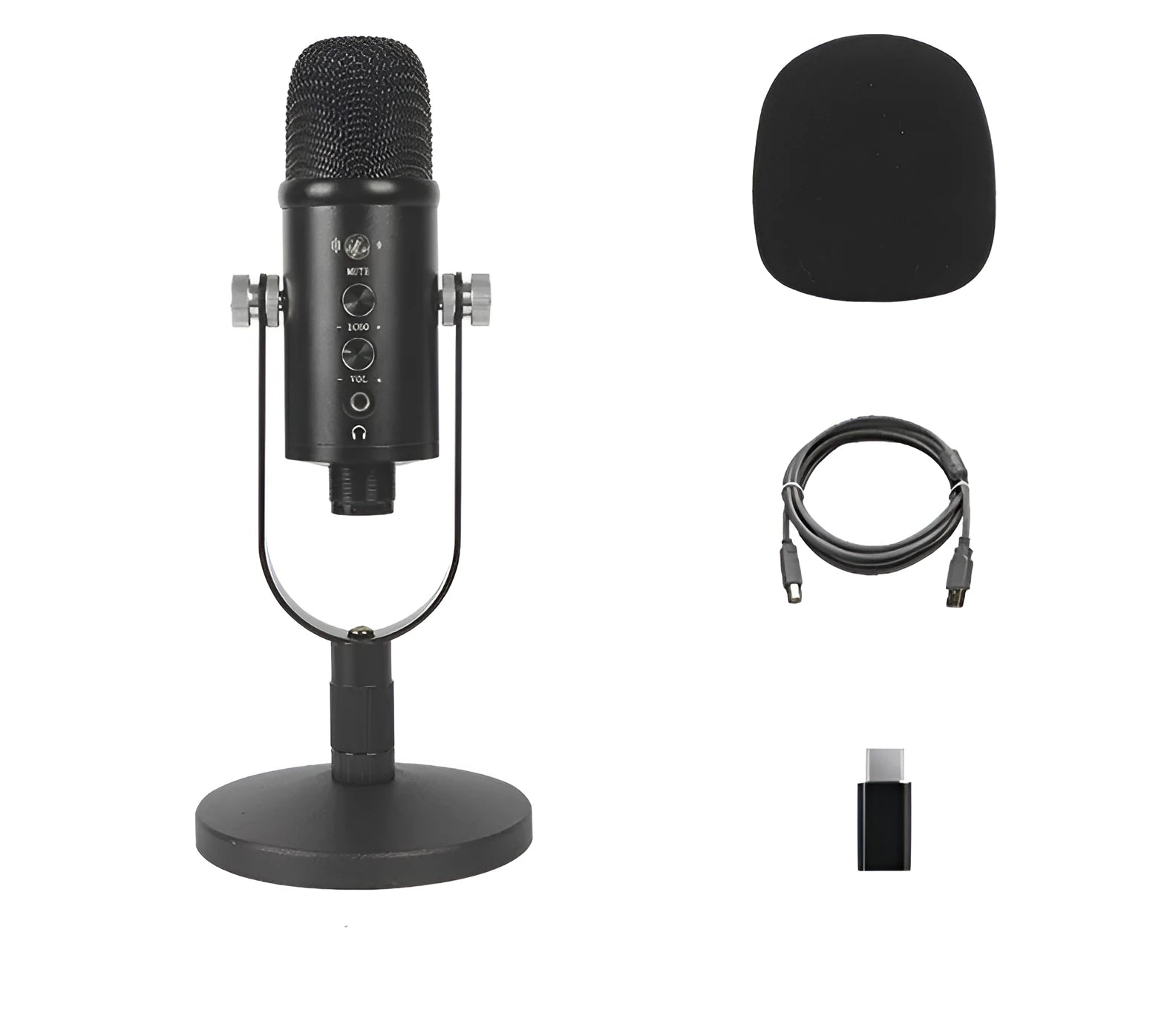 Black JIY condenser microphone on a metal stand with USB cable and sponge cover.