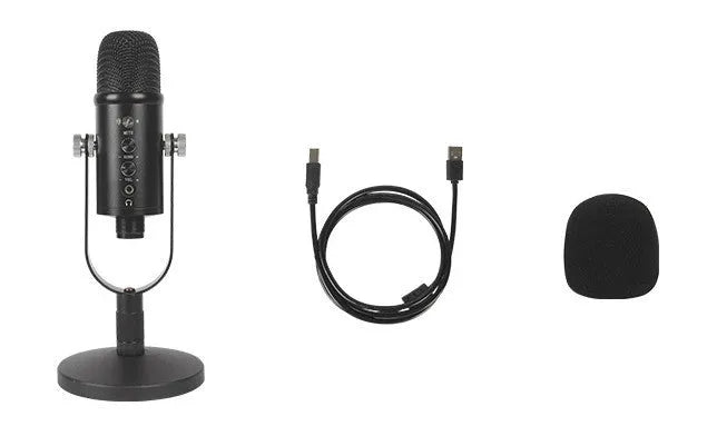 Black JIY condenser microphone on a metal stand with USB cable and sponge cover.