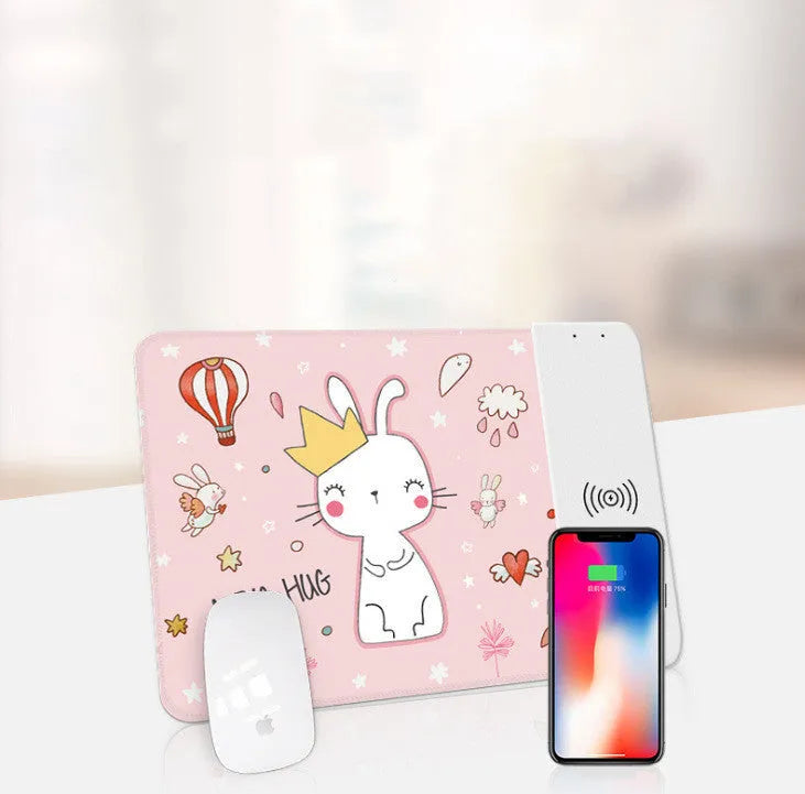 Wireless charging mouse pad with cartoon design, RGB lighting and USB cable