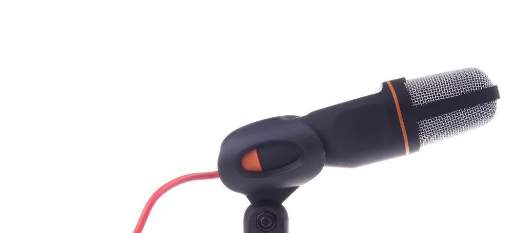 Black wired computer microphone with adjustable desk stand and clothing clip on a 1.85m cable