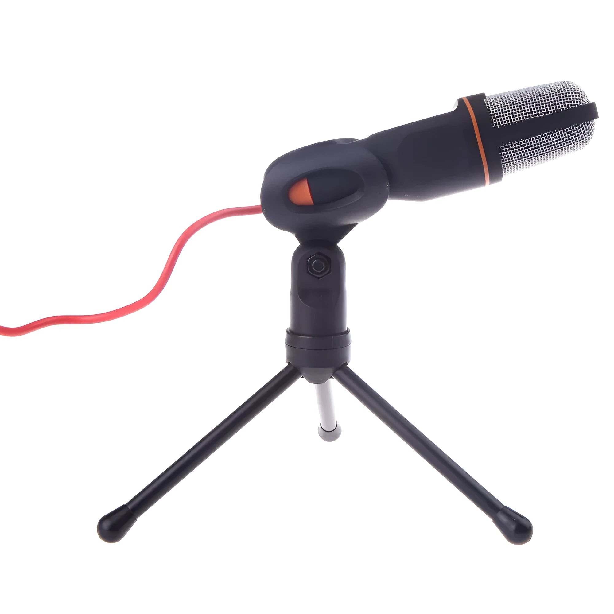 Black wired computer microphone with adjustable desk stand and clothing clip on a 1.85m cable