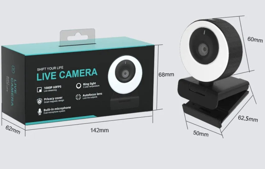 Black USB webcam computer camera with 1.7m cable for 1080p video calls