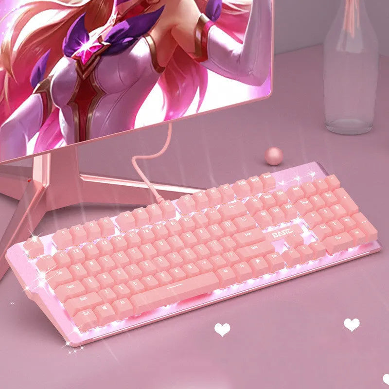Pink coloured mechanical keyboard and wired mouse set on a desk.