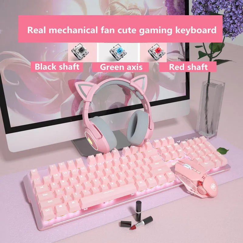 Pink coloured mechanical keyboard and wired mouse set on a desk.